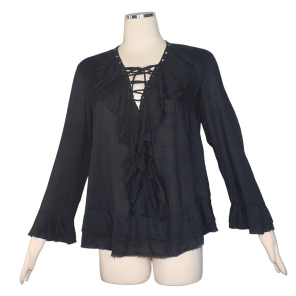 IRO Finley Lace up Front Poet Ruffle Boho Black Blouse 34 XS - Picture 1 of 10